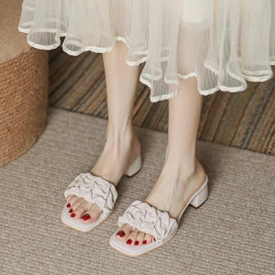 Thick Heeled Slippers, Comfortable Two-Layer Cowhide High Heels 01