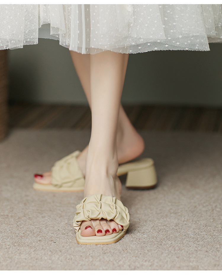 Thick Heeled Slippers, Comfortable Two-Layer Cowhide High Heels