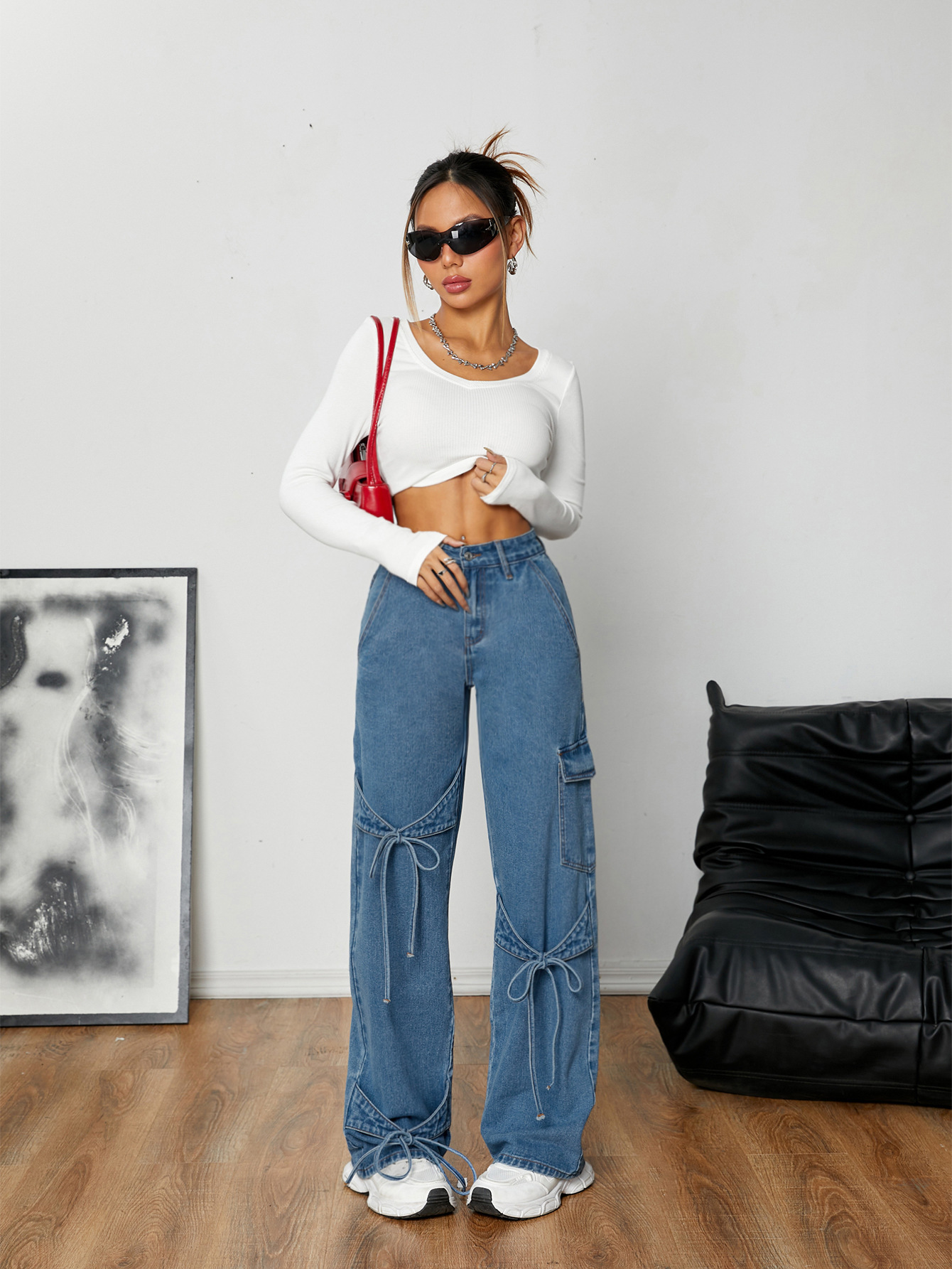 Bow Tie Workwear Style Denim Pants