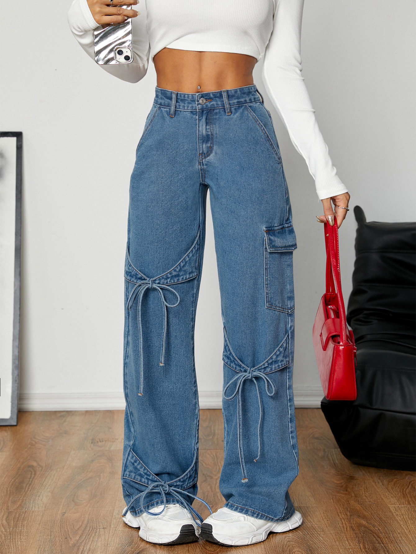 Bow Tie Workwear Style Denim Pants