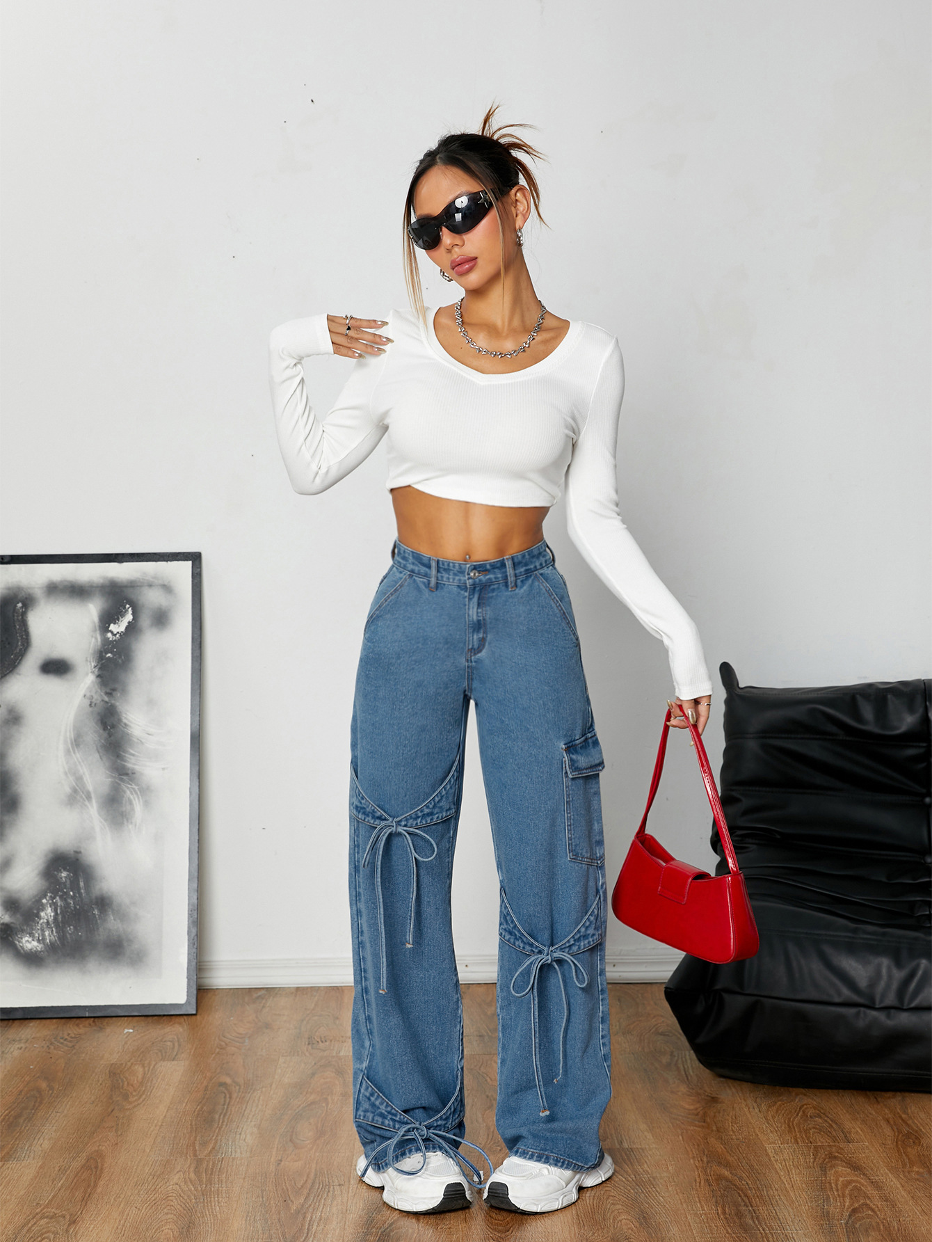 Bow Tie Workwear Style Denim Pants