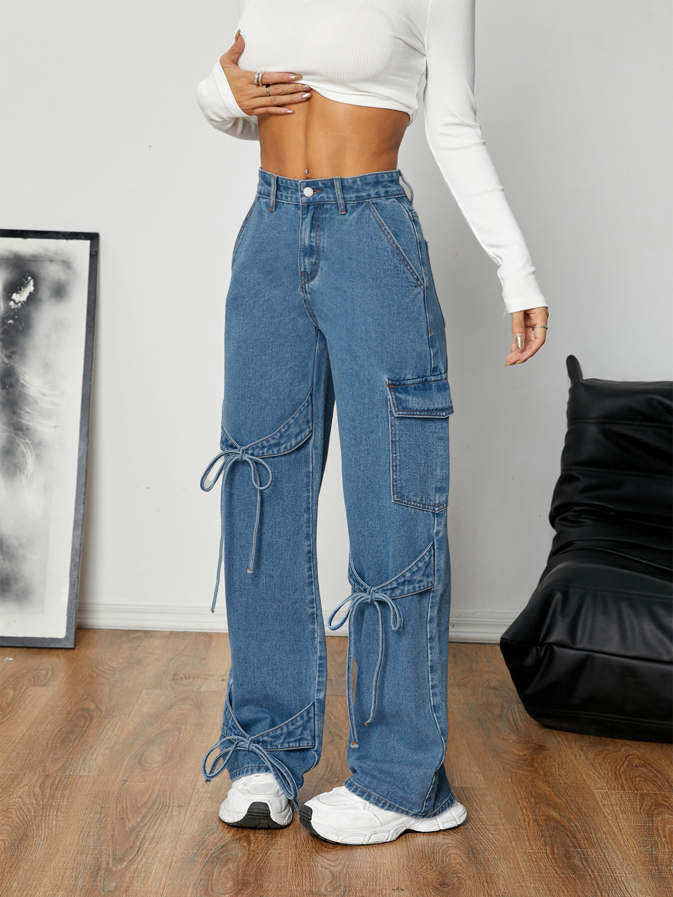 Bow Tie Workwear Style Denim Pants
