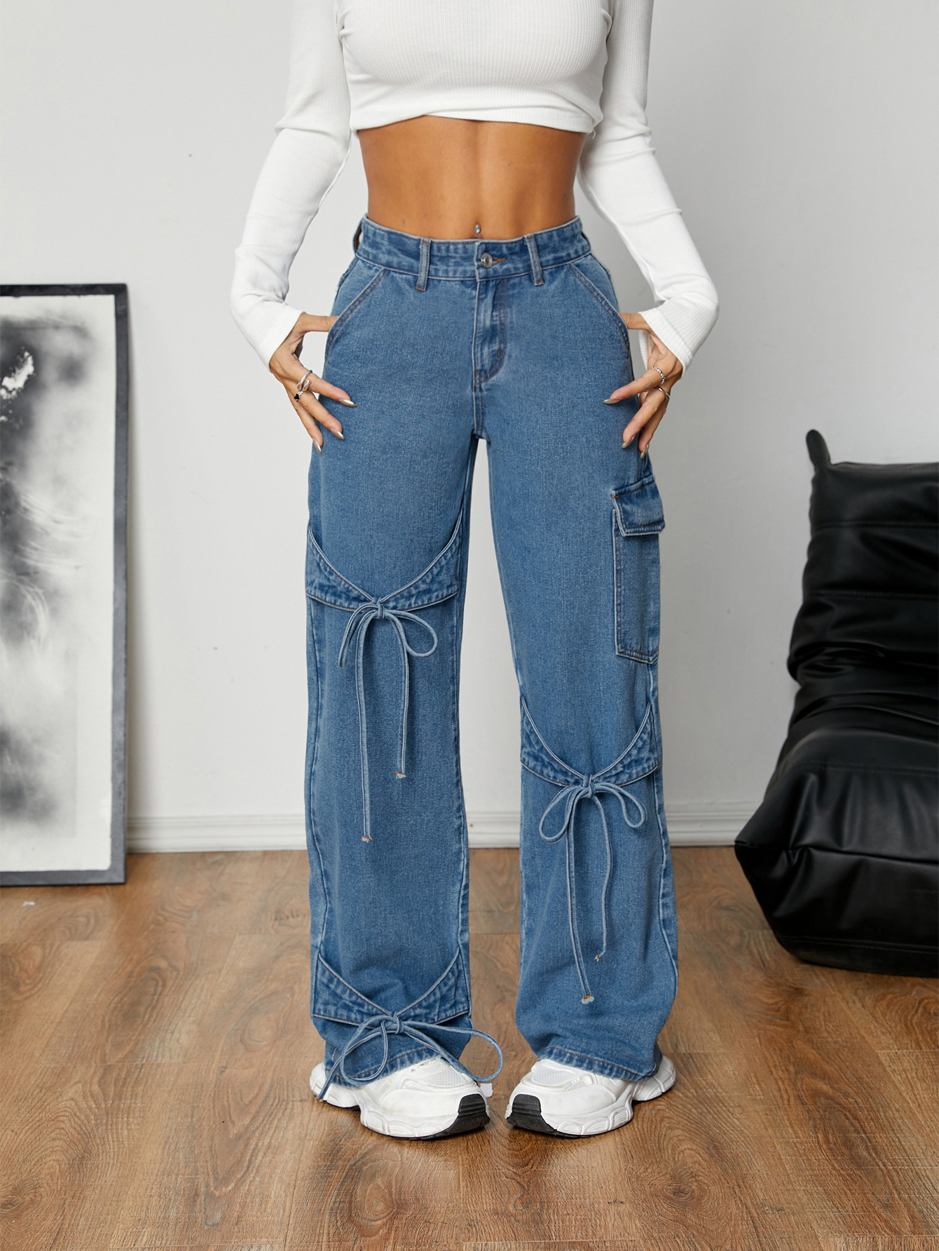 Bow Tie Workwear Style Denim Pants