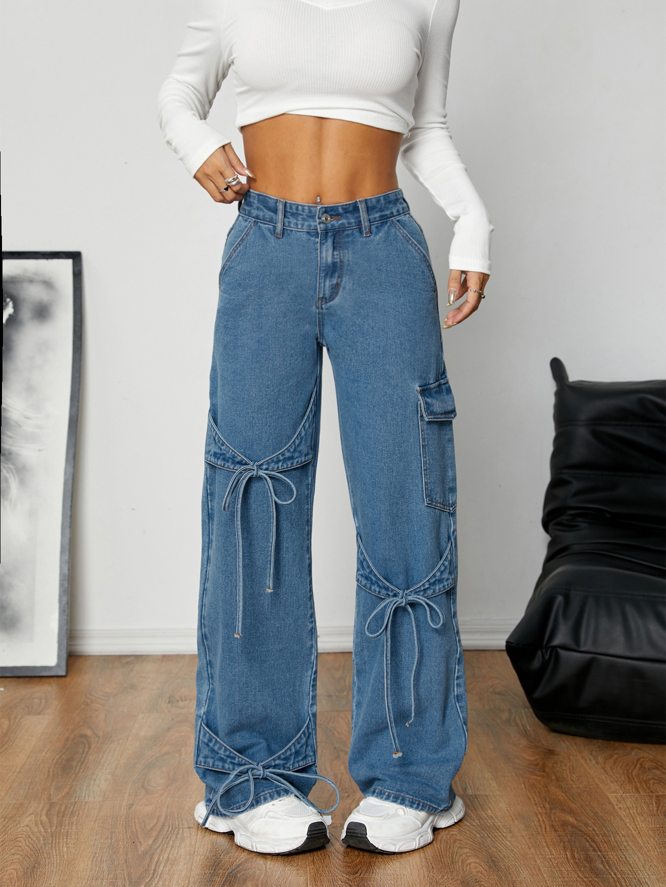 Bow Tie Workwear Style Denim Pants