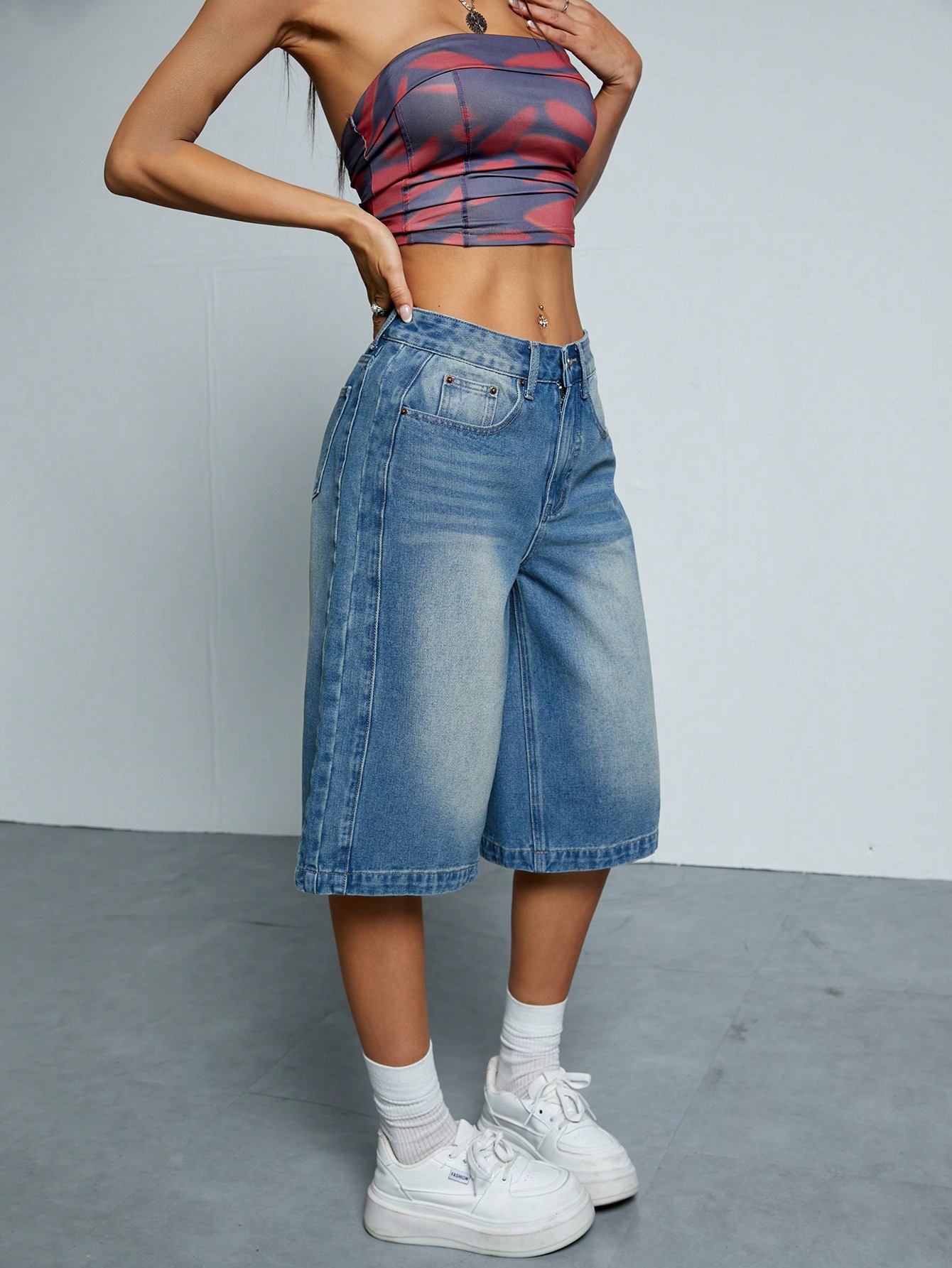 Retro Blue Washed Straight Leg Denim Shorts