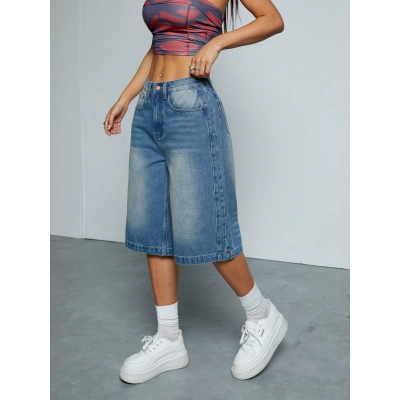 Retro Blue Washed Straight Leg Denim Shorts 02