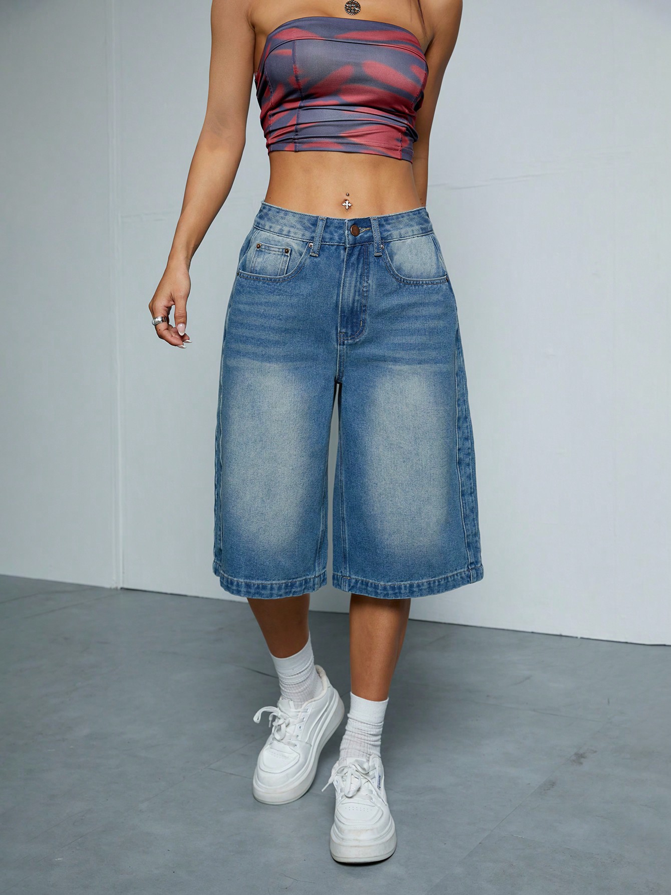 Retro Blue Washed Straight Leg Denim Shorts