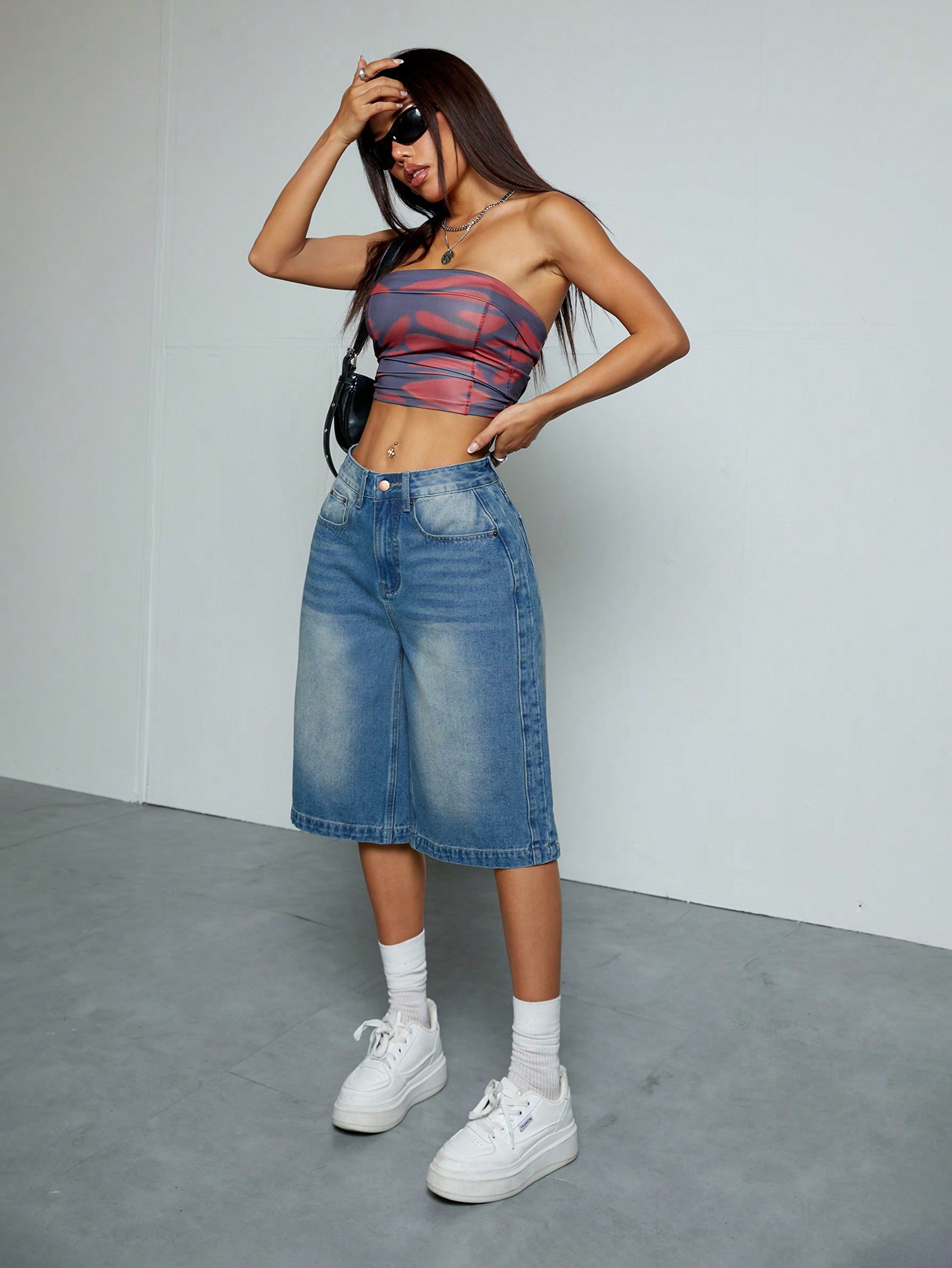 Retro Blue Washed Straight Leg Denim Shorts