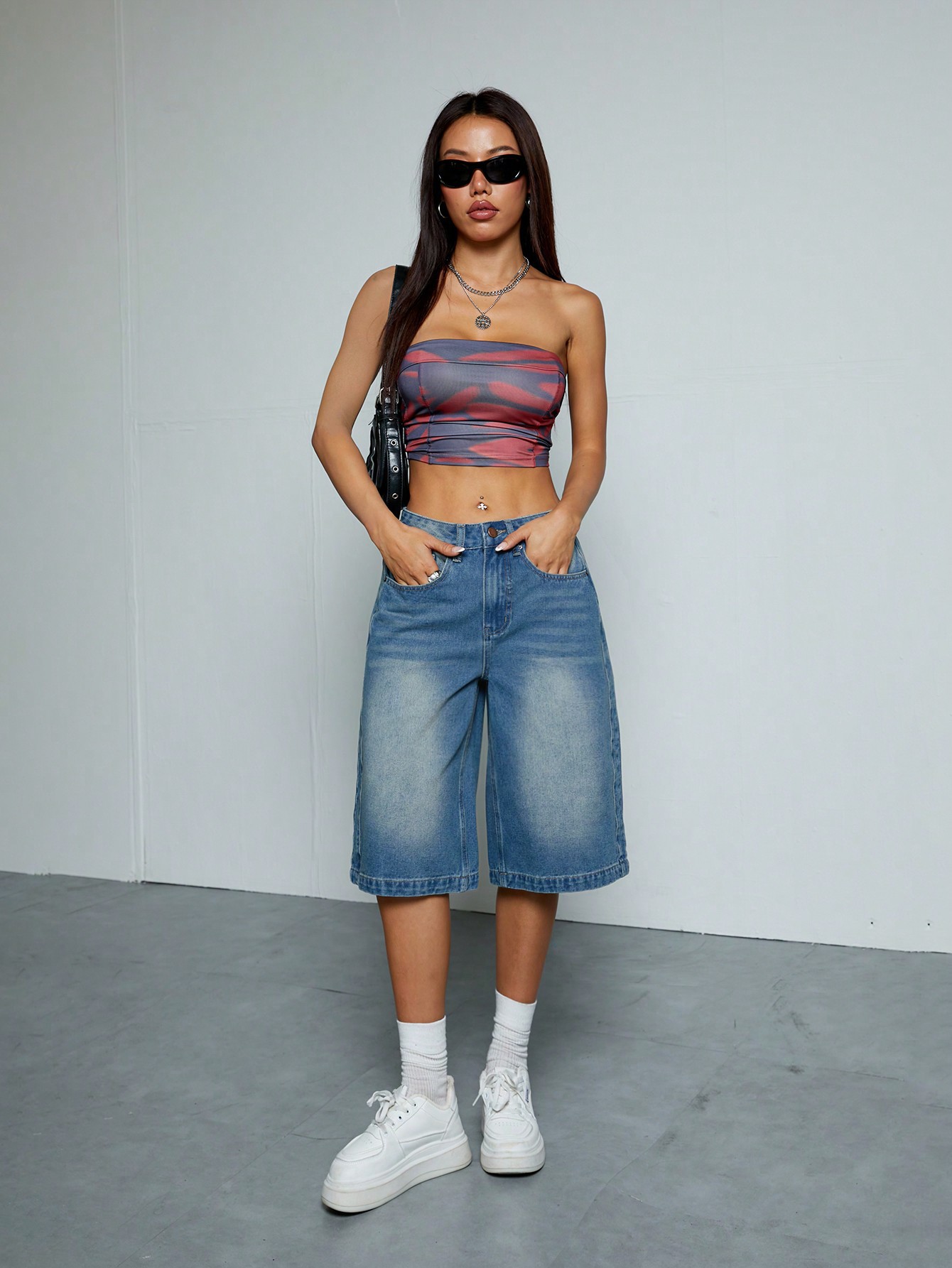 Retro Blue Washed Straight Leg Denim Shorts