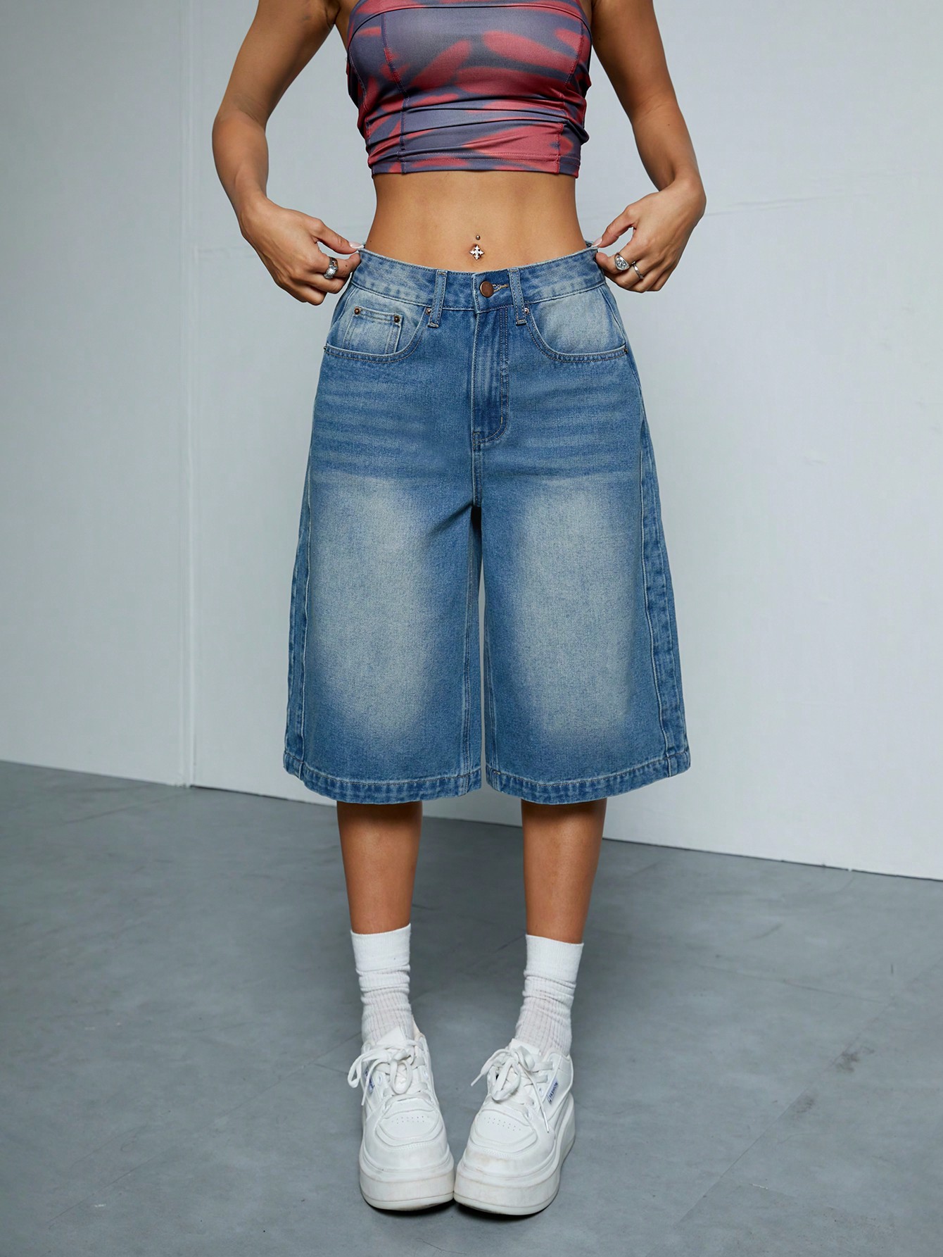 Retro Blue Washed Straight Leg Denim Shorts