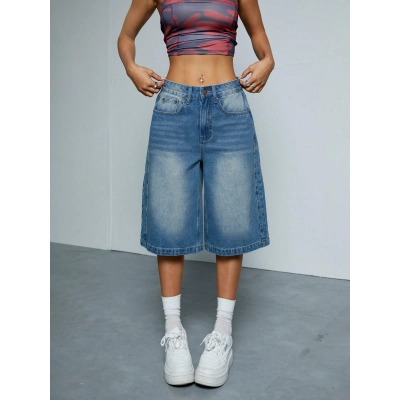 Retro Blue Washed Straight Leg Denim Shorts 01