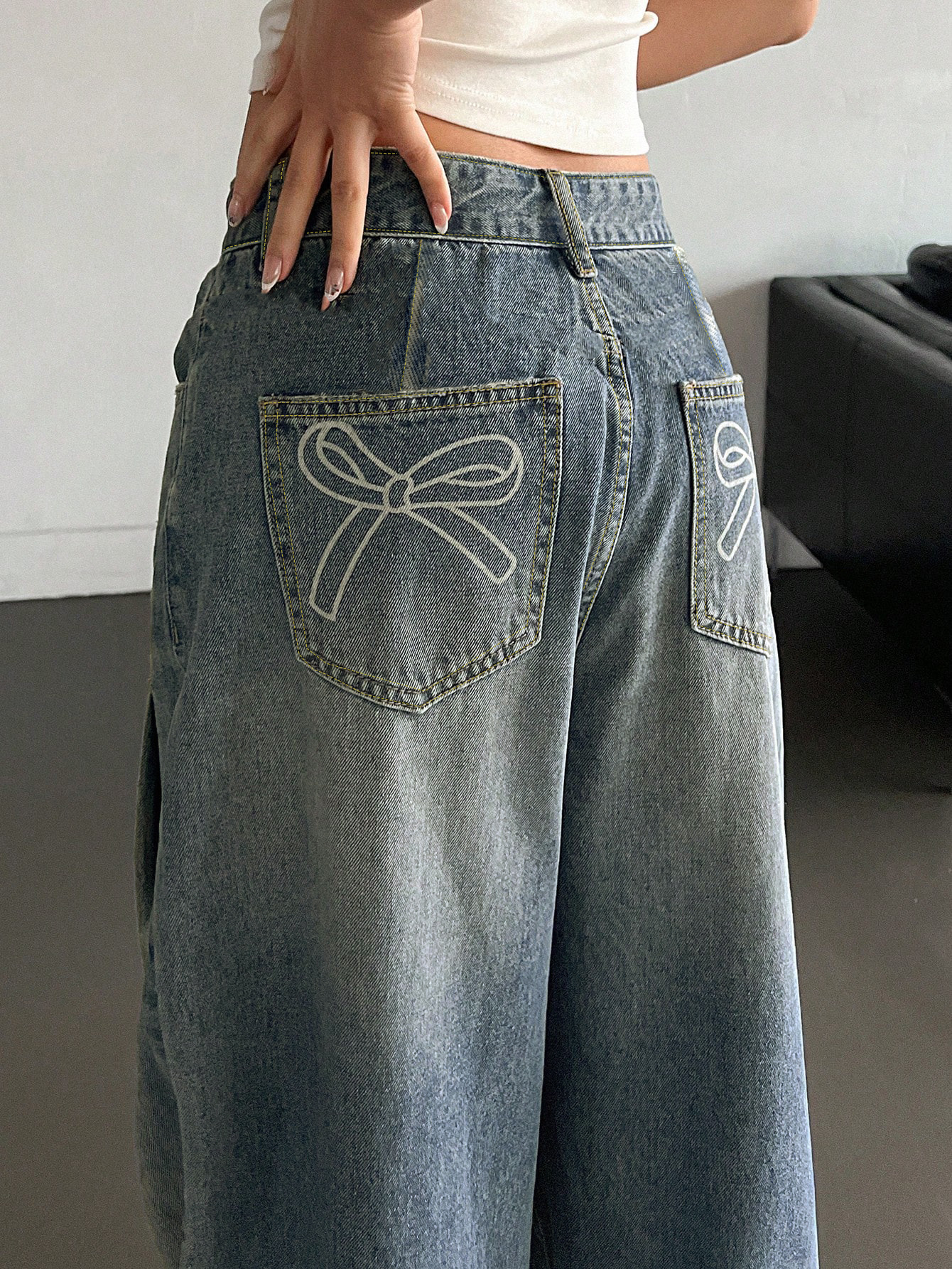 Bow Print Wide Leg Jeans