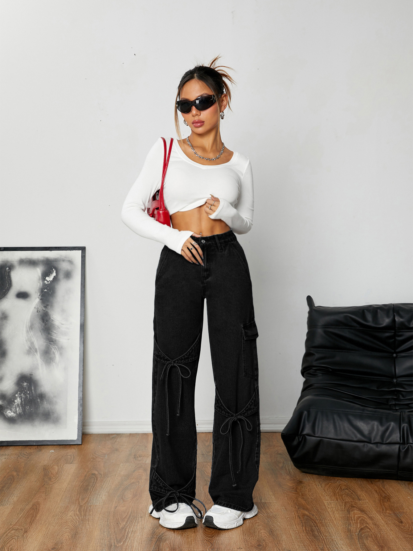 Bow Tie Tie Workwear Style Loose Straight Leg Denim Pants