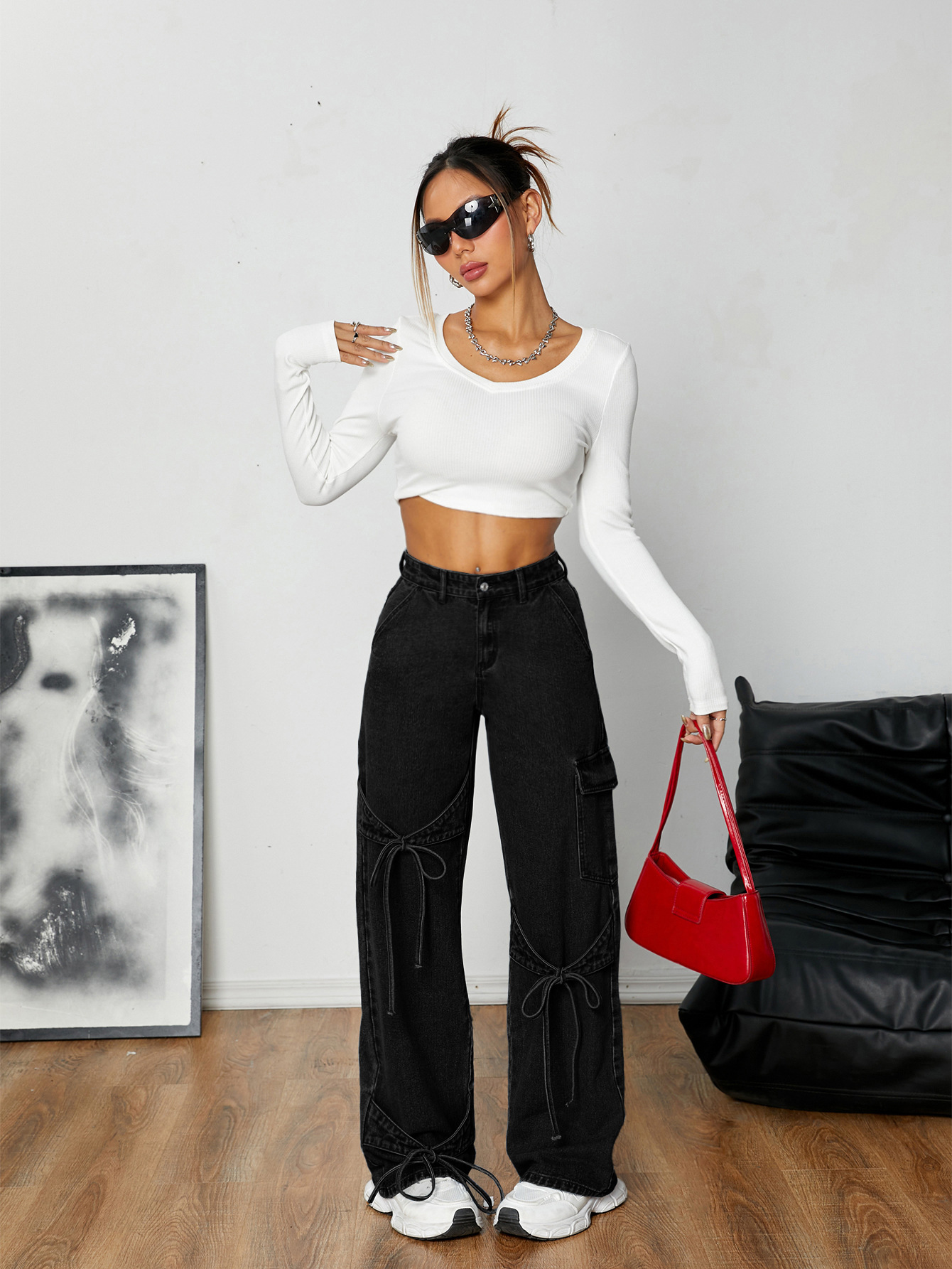 Bow Tie Tie Workwear Style Loose Straight Leg Denim Pants