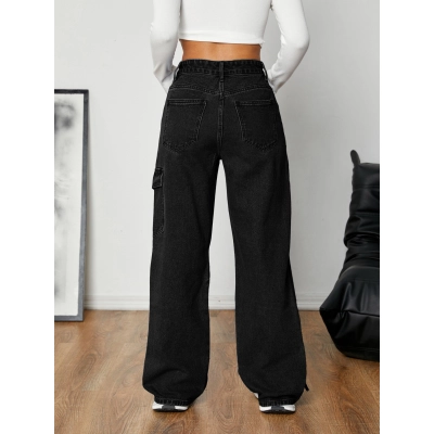 Bow Tie Tie Workwear Style Loose Straight Leg Denim Pants 02