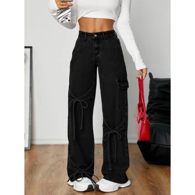 Bow Tie Tie Workwear Style Loose Straight Leg Denim Pants 01