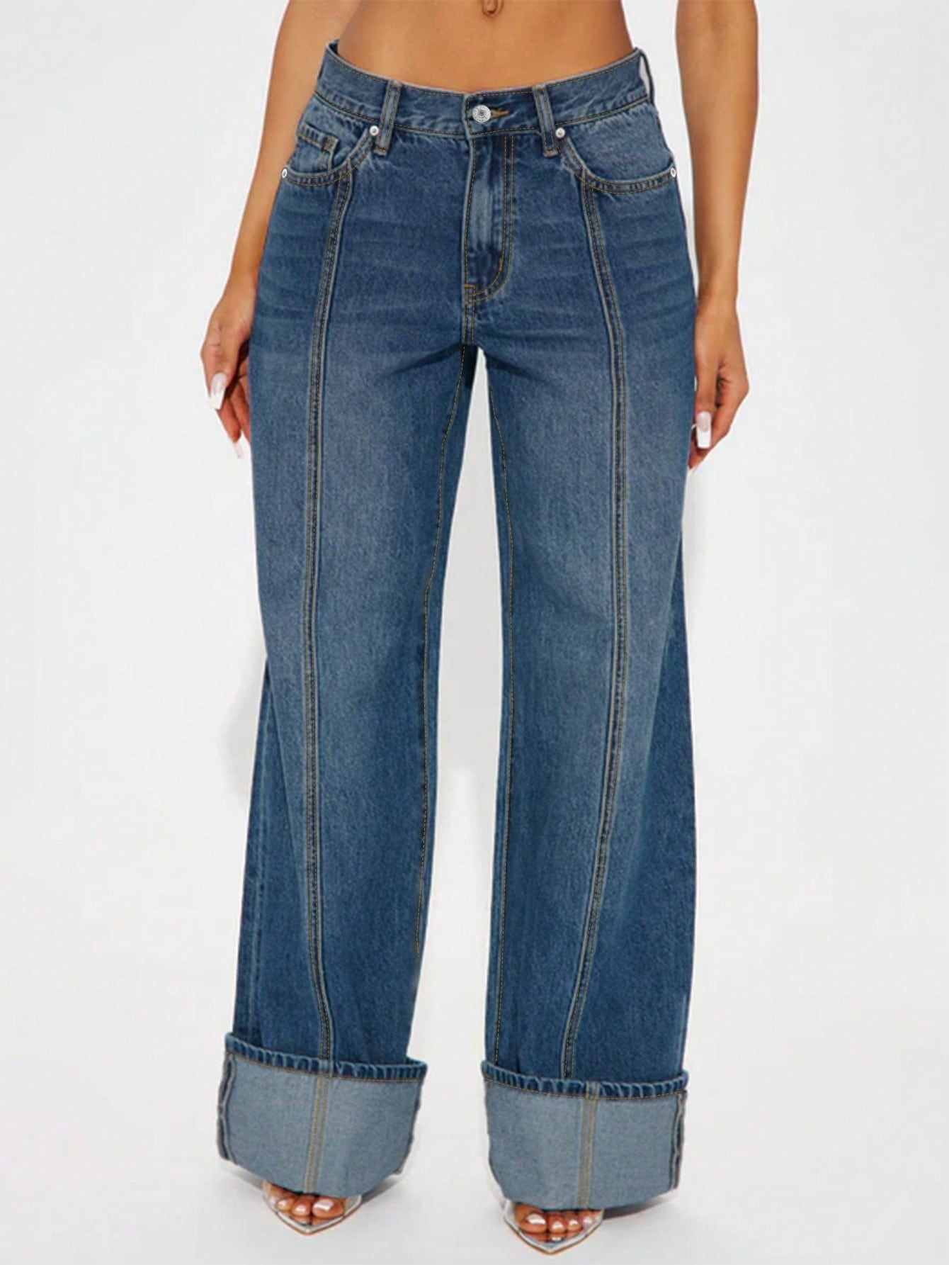 Curled Casual Loose Fit Wide Leg Jeans