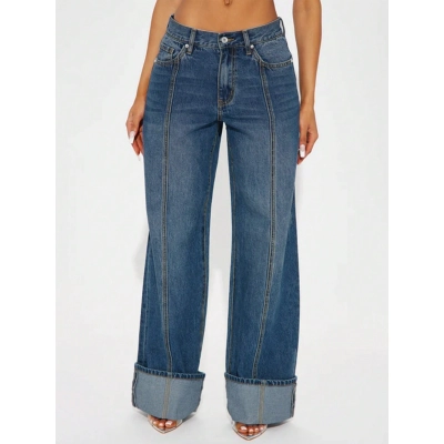 Curled Casual Loose Fit Wide Leg Jeans 01