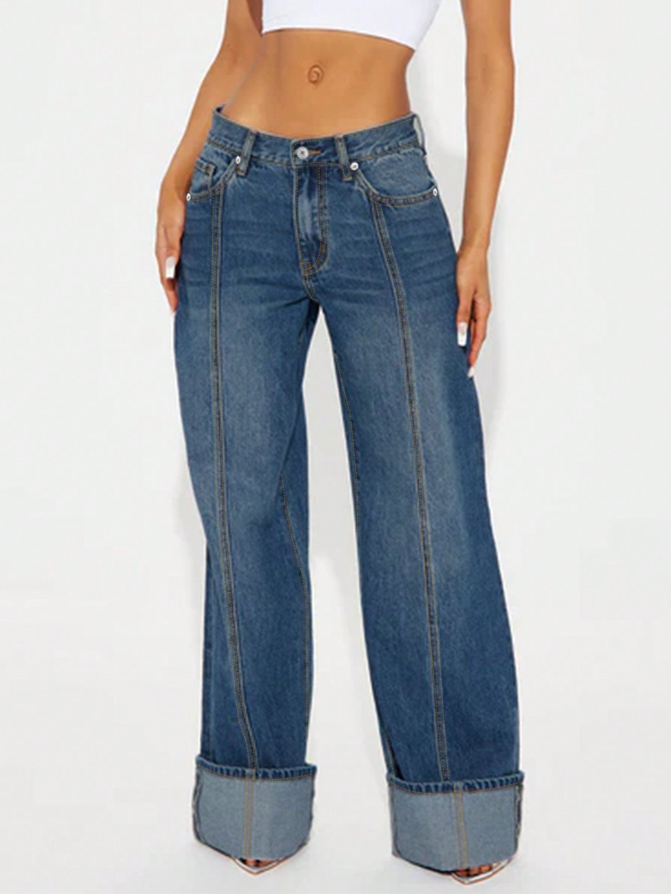 Curled Casual Loose Fit Wide Leg Jeans