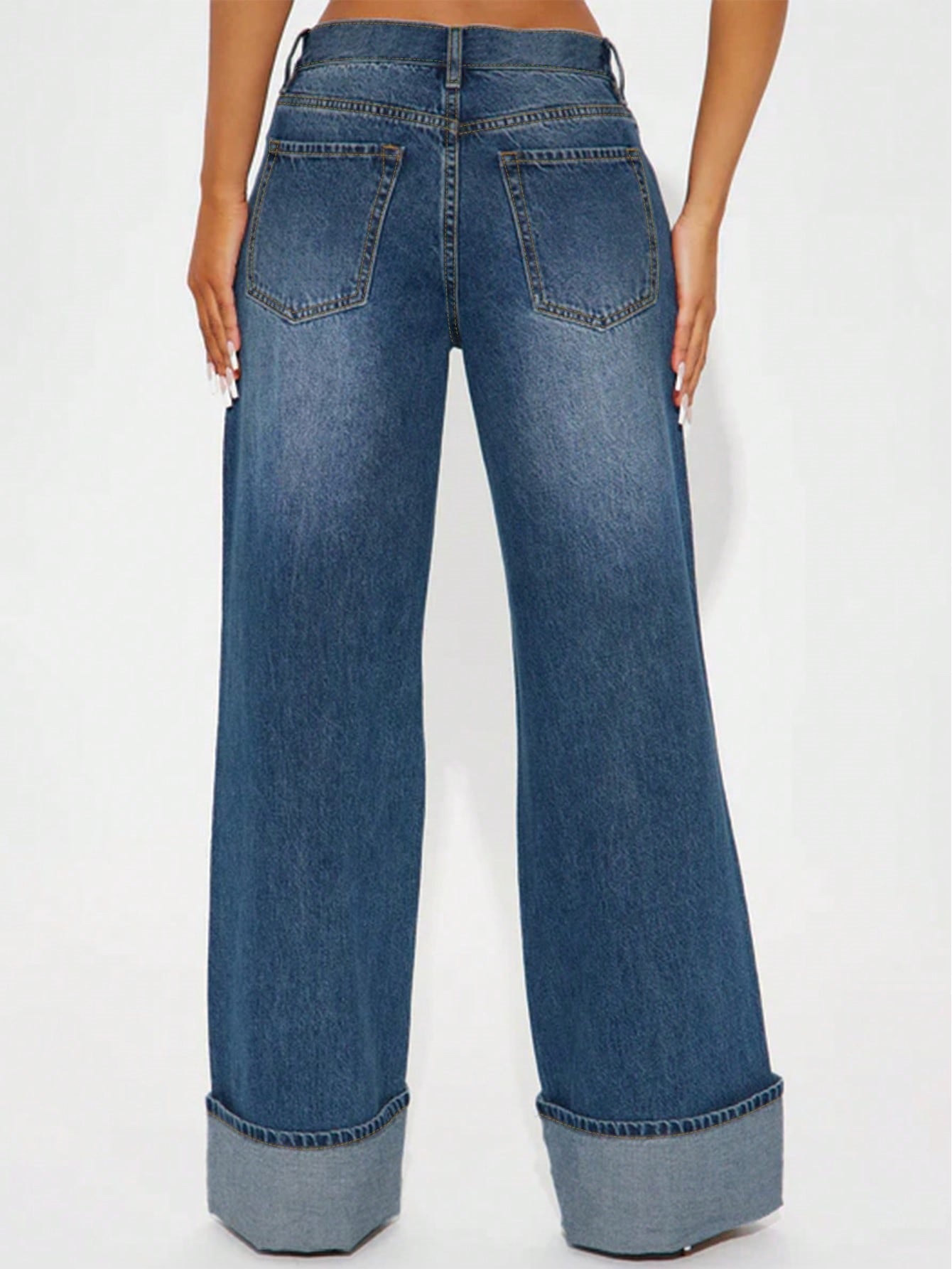 Curled Casual Loose Fit Wide Leg Jeans