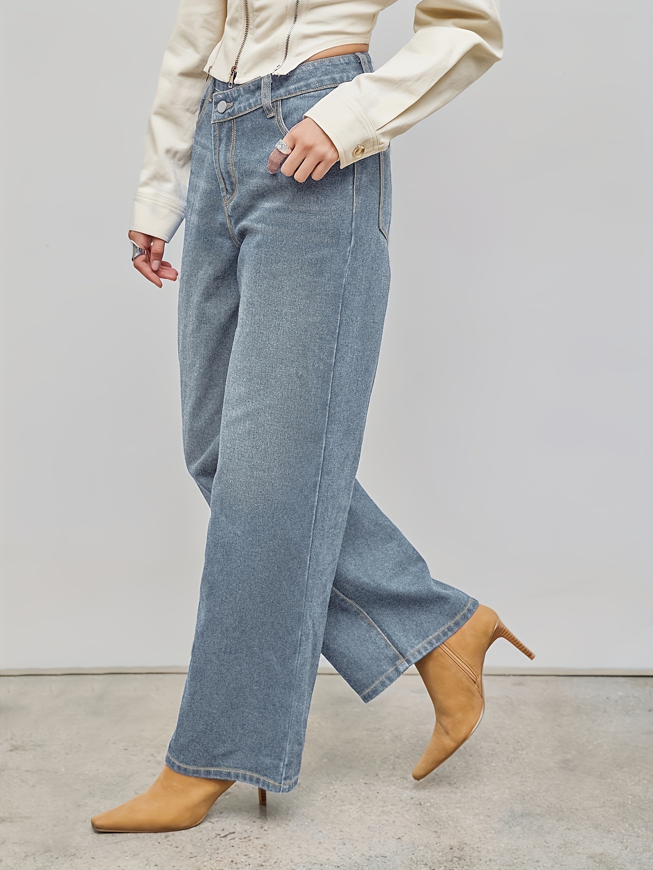 Grey Blue Cow Slimming Straight Leg Loose Diagonal Jeans