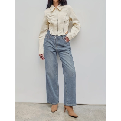 Grey Blue Cow Slimming Straight Leg Loose Diagonal Jeans 01