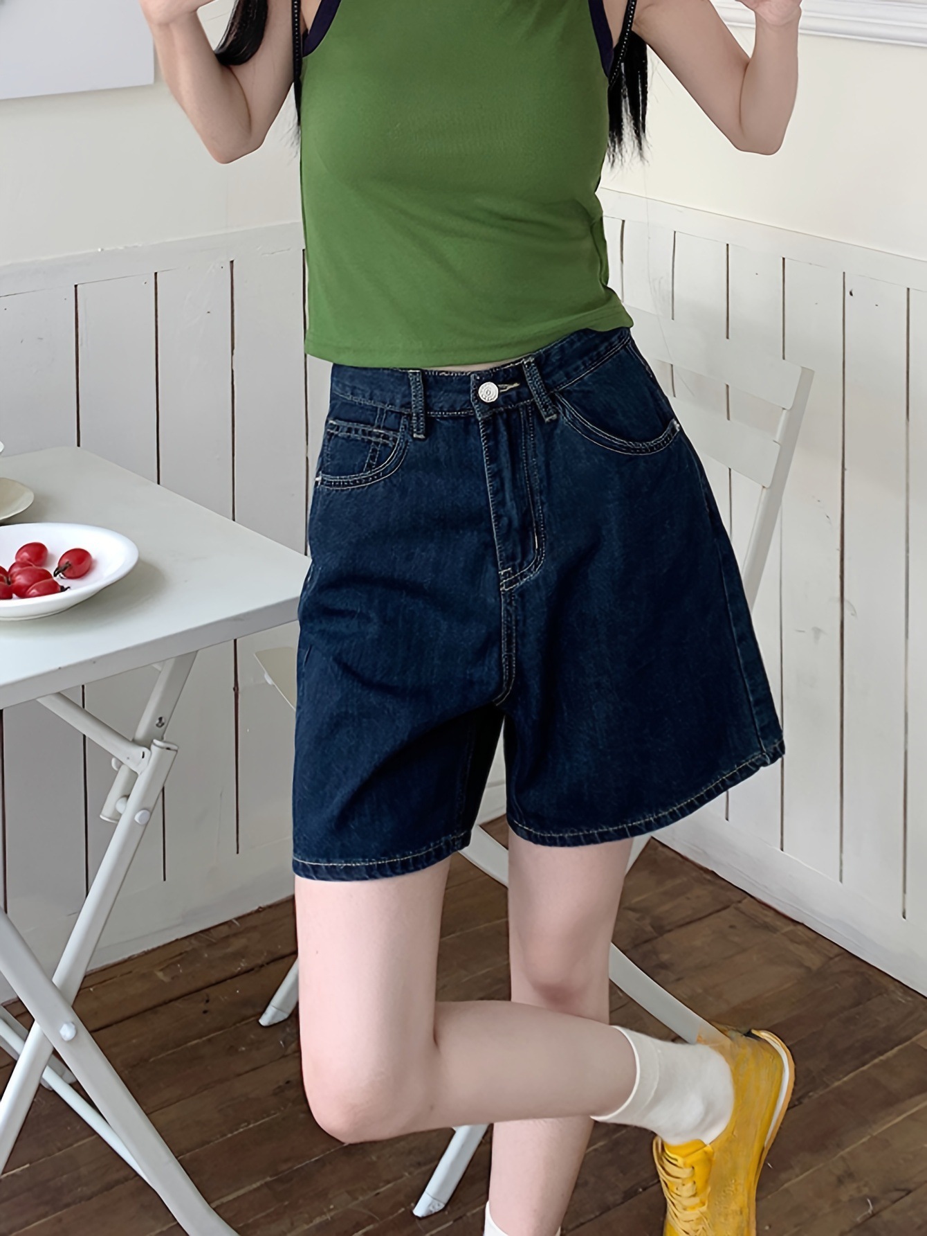 High Waisted Washed Straight Leg Denim Shorts