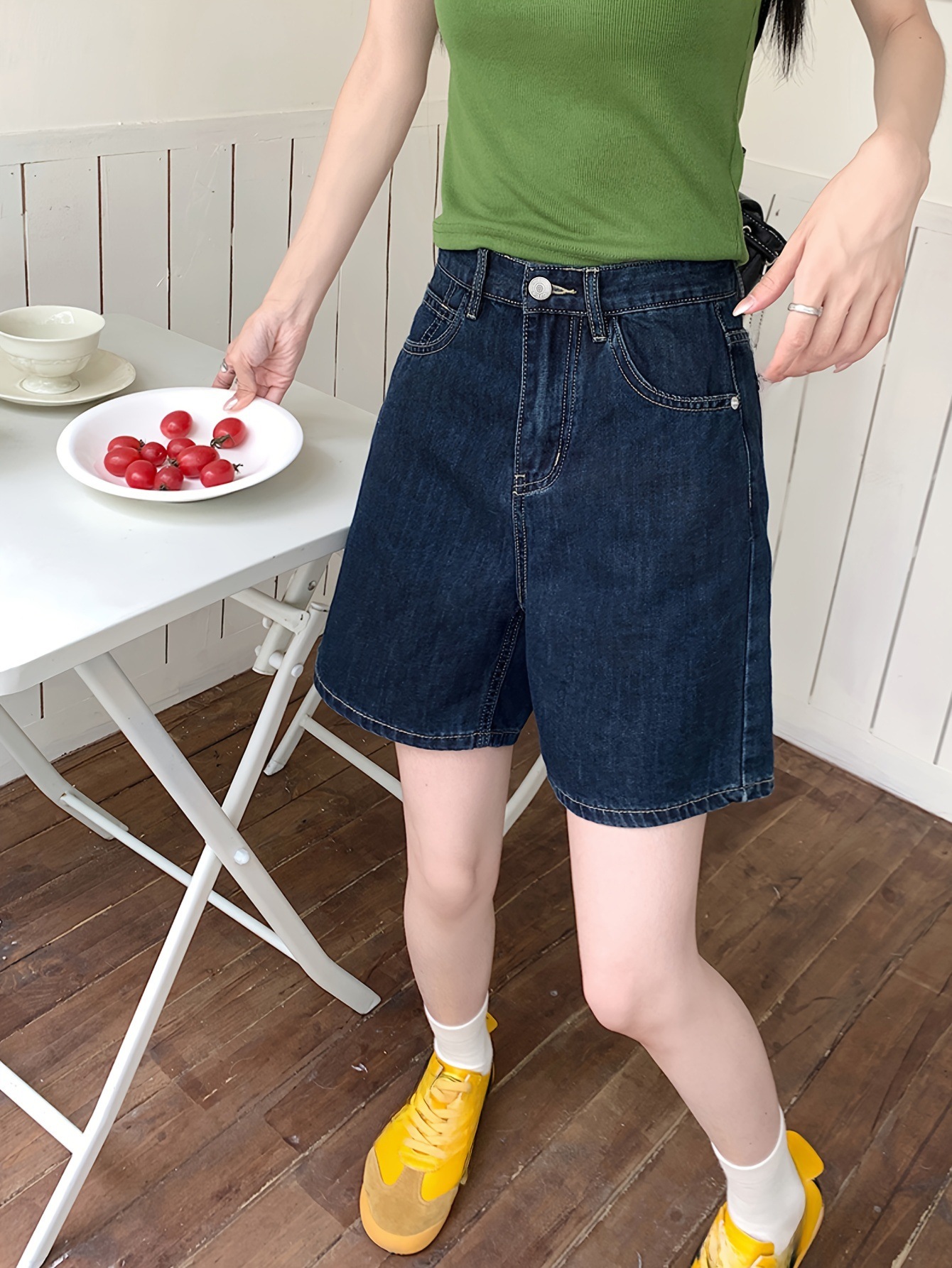 High Waisted Washed Straight Leg Denim Shorts