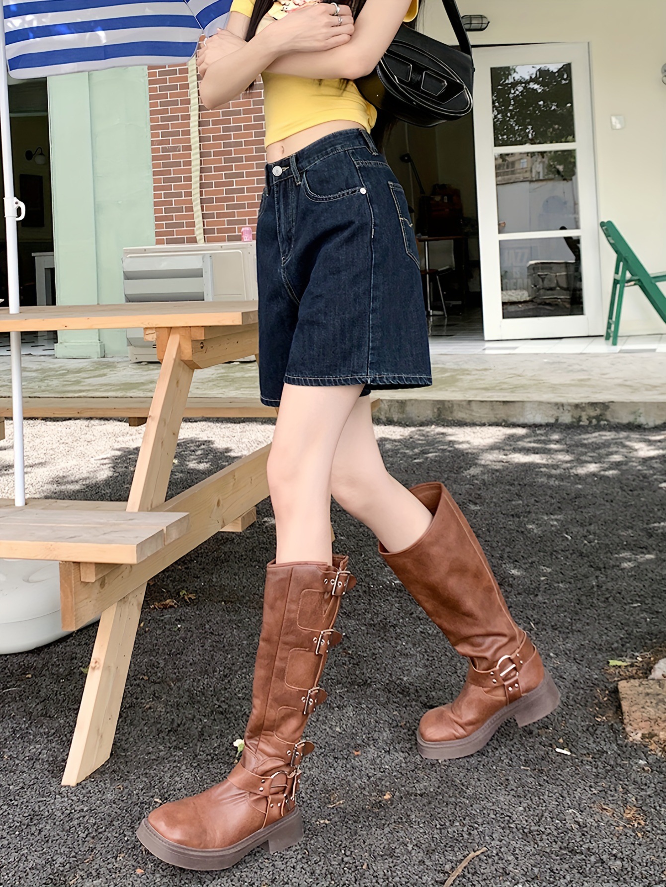 High Waisted Washed Straight Leg Denim Shorts