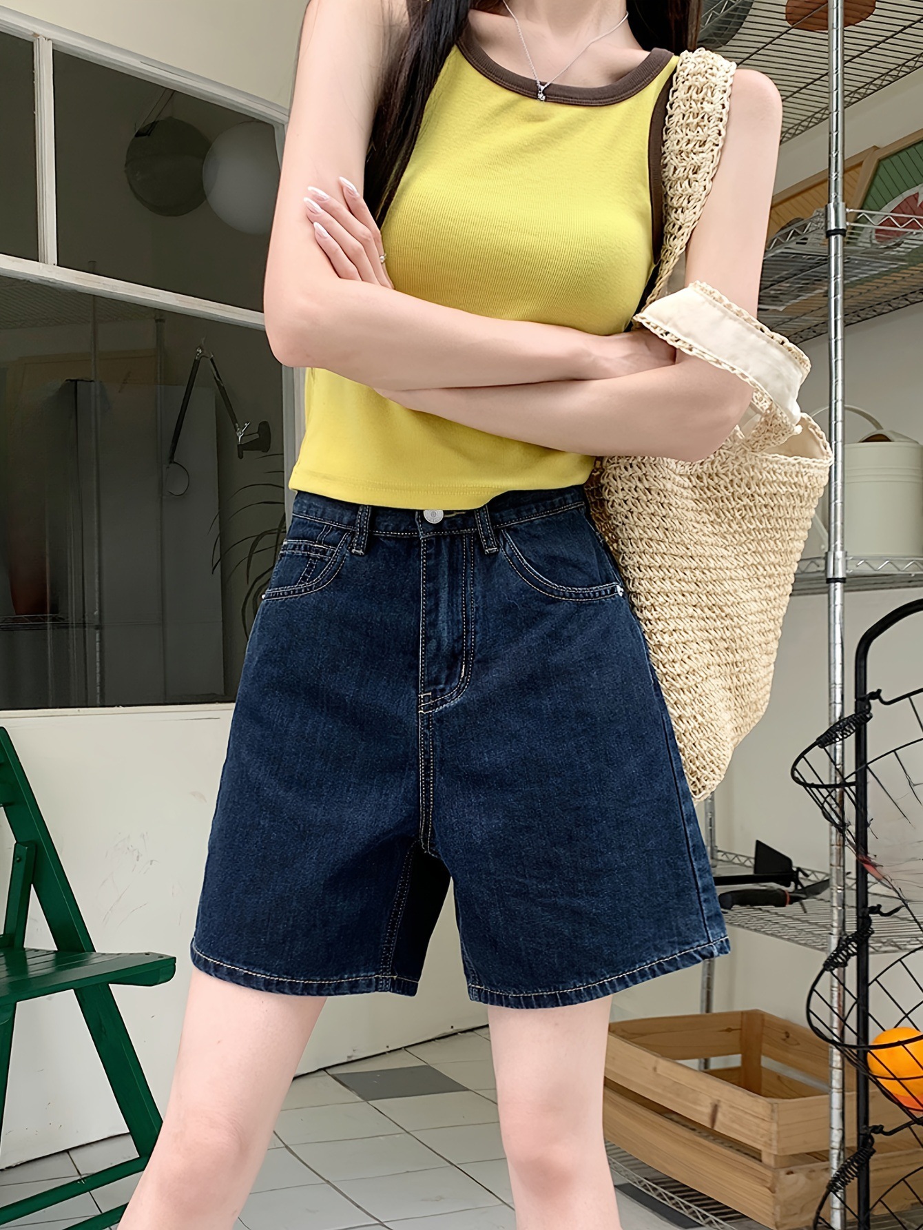 High Waisted Washed Straight Leg Denim Shorts