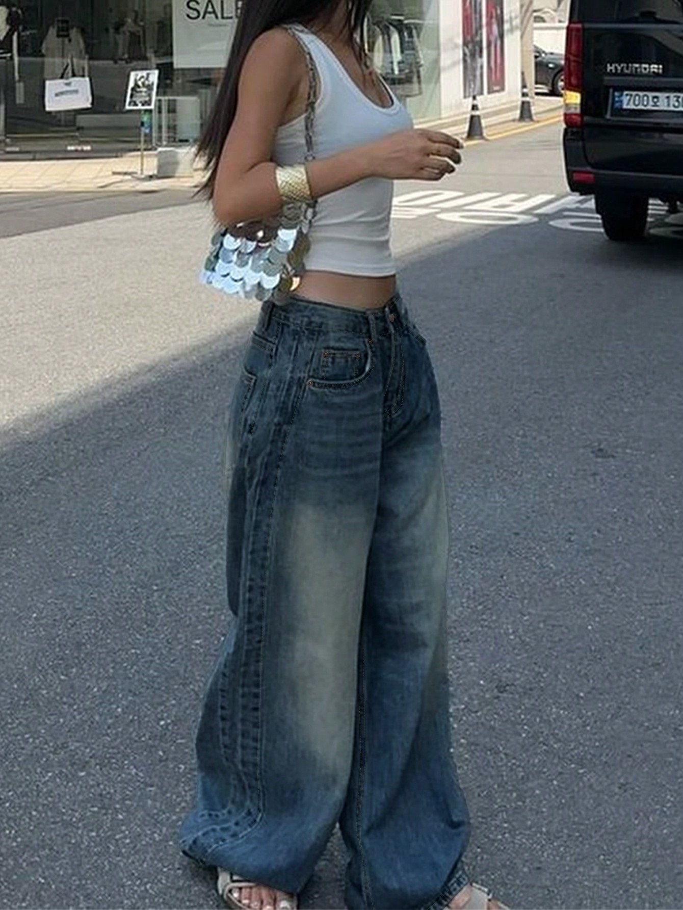 Retro Blue Washed Straight Leg Jeans, Loose, Versatile And Casual