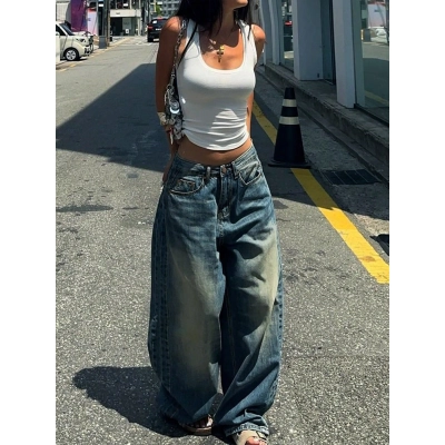 Retro Blue Washed Straight Leg Jeans, Loose, Versatile And Casual 02