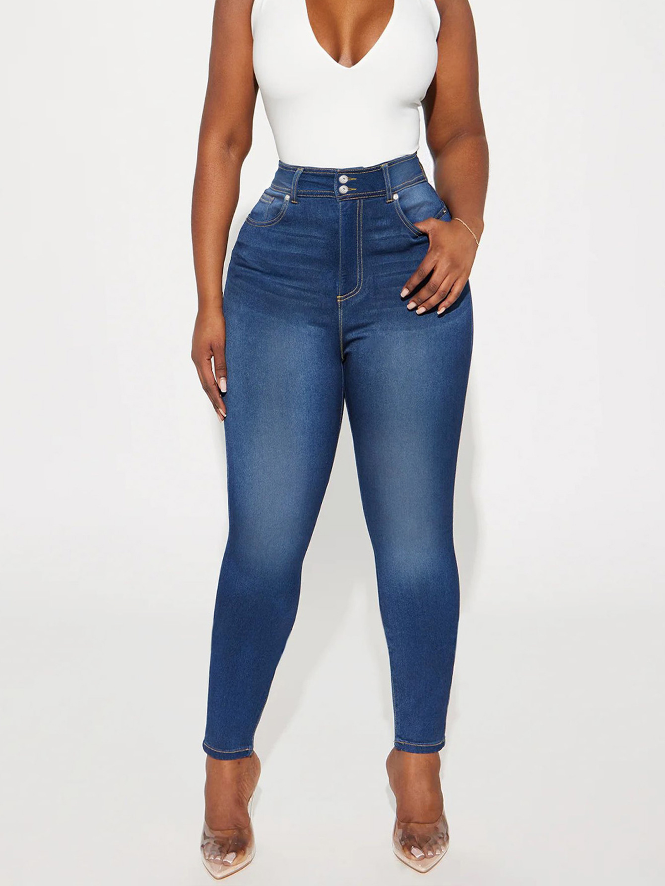 Sexy Retro High Waisted Double Button Elastic Jeans