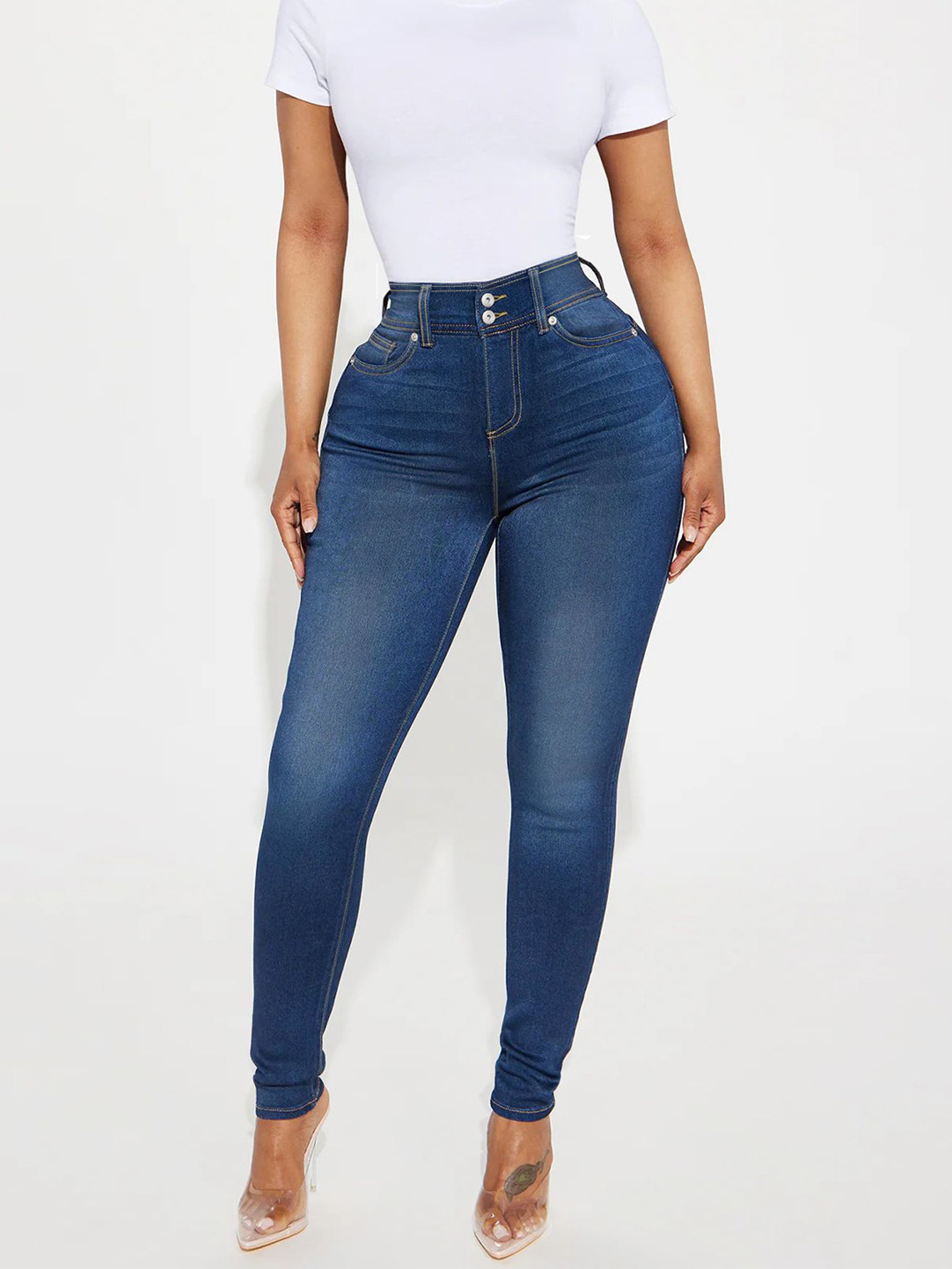 Sexy Retro High Waisted Double Button Elastic Jeans