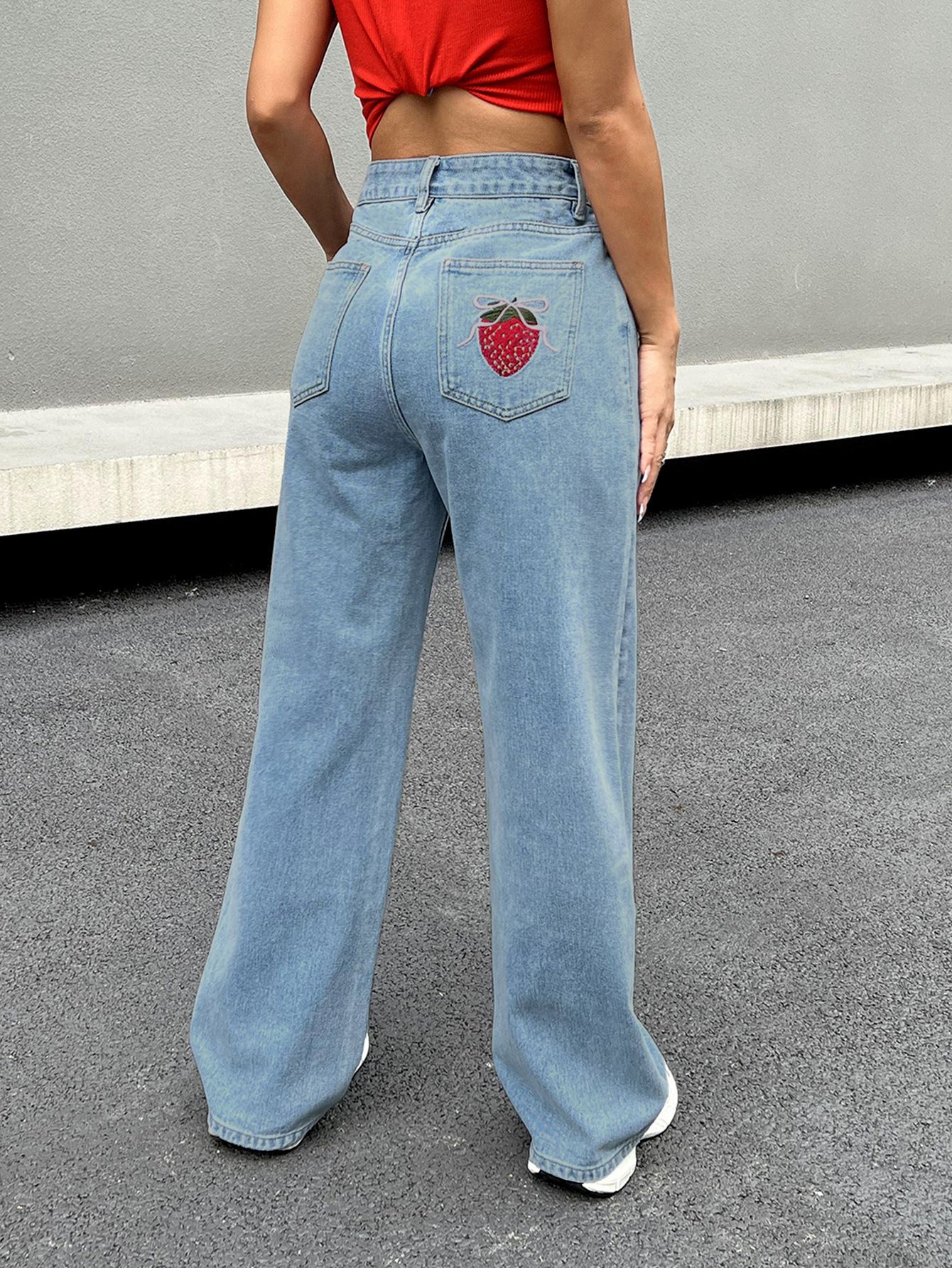 Strawberry Embroidered Cowboy Pants