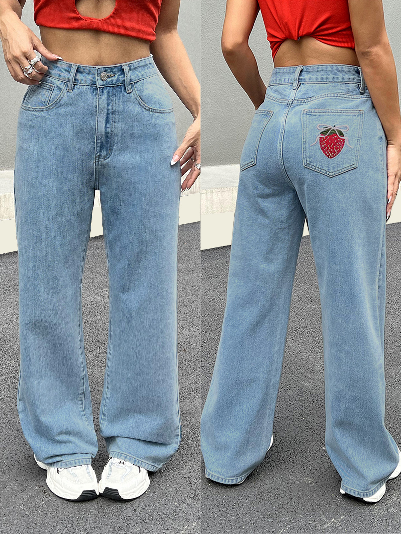 Strawberry Embroidered Cowboy Pants