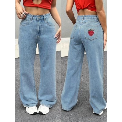 Strawberry Embroidered Cowboy Pants 01