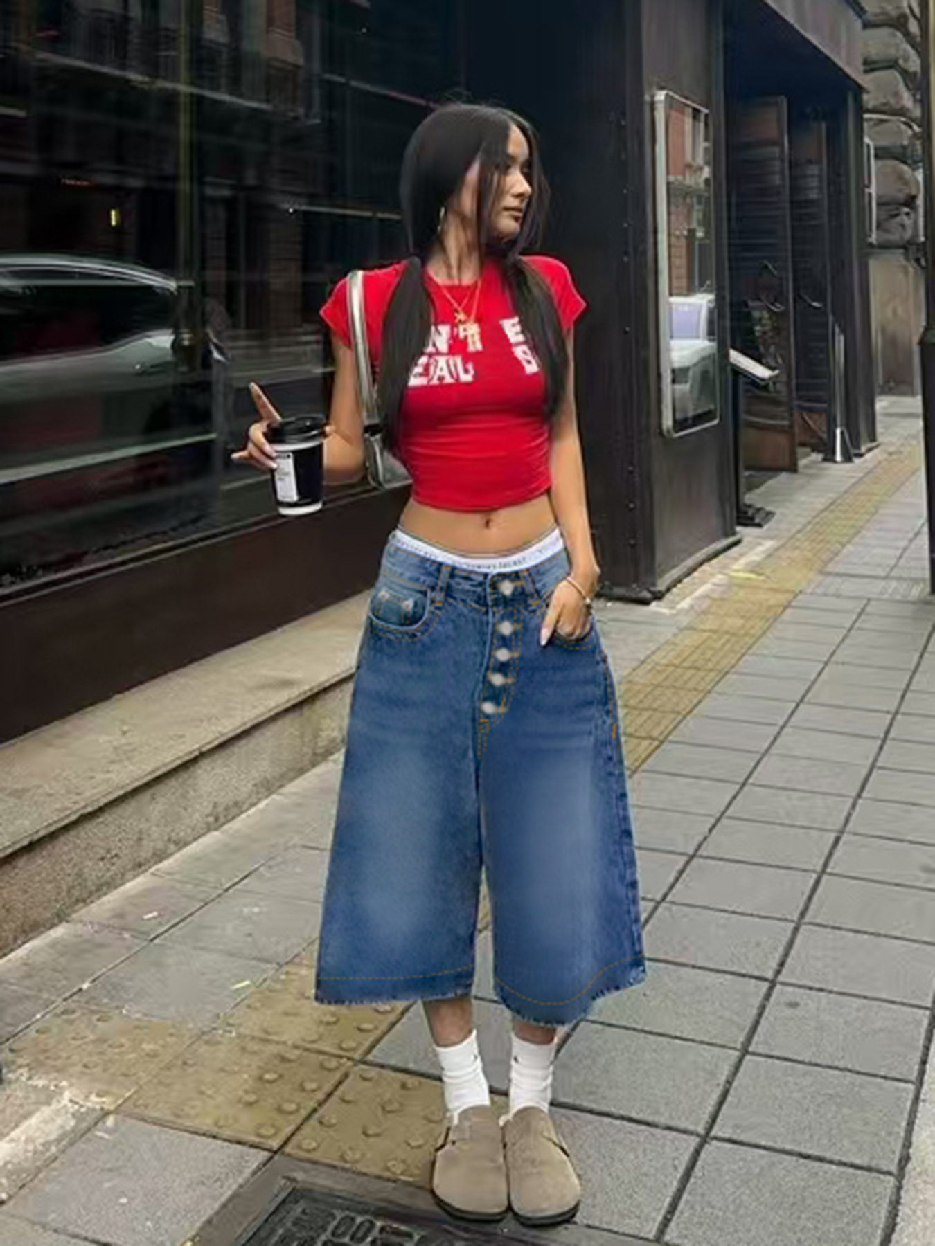 Design Retro Multi Breasted Denim Shorts