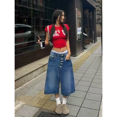 Design Retro Multi Breasted Denim Shorts 01