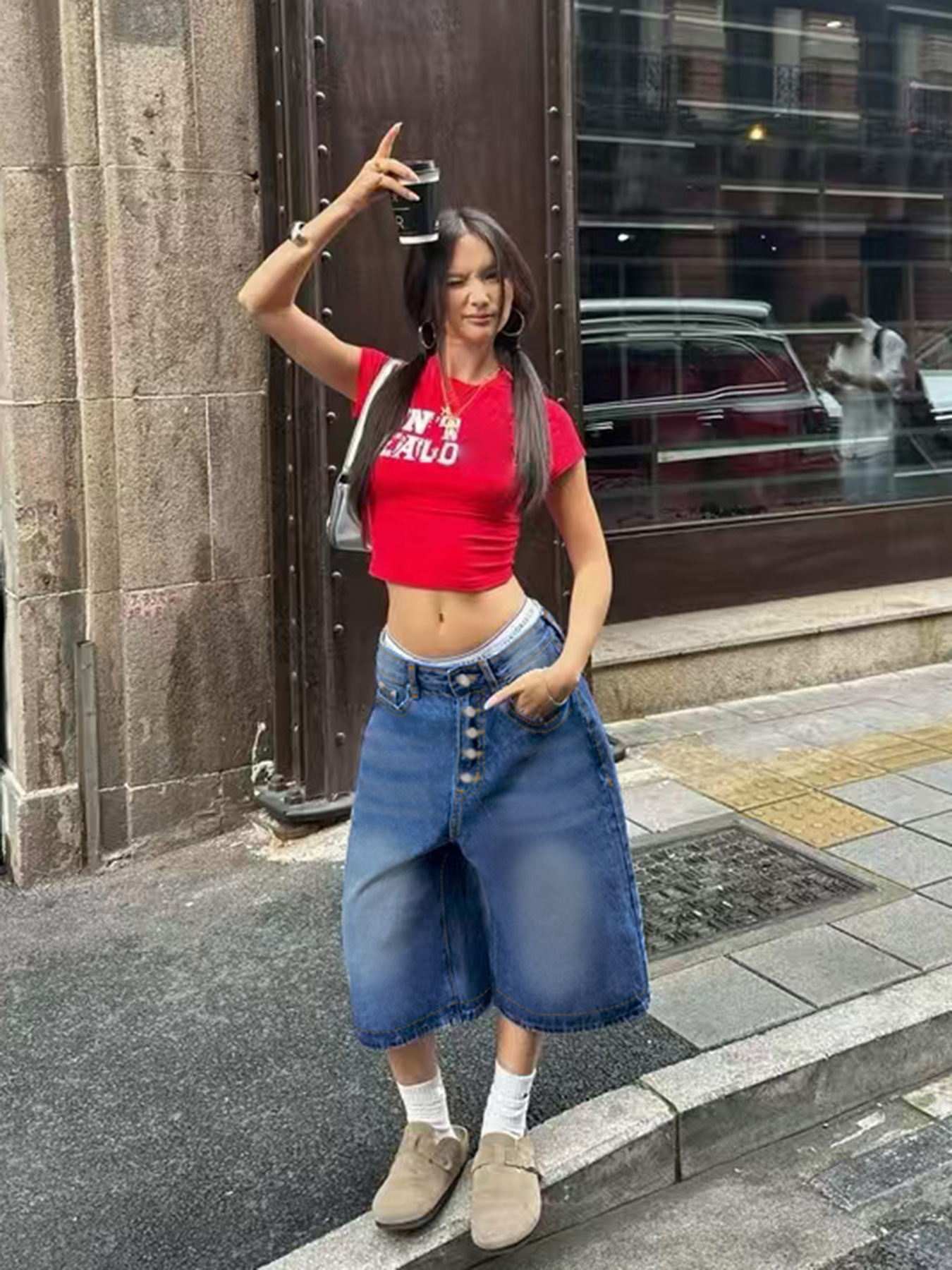 Design Retro Multi Breasted Denim Shorts