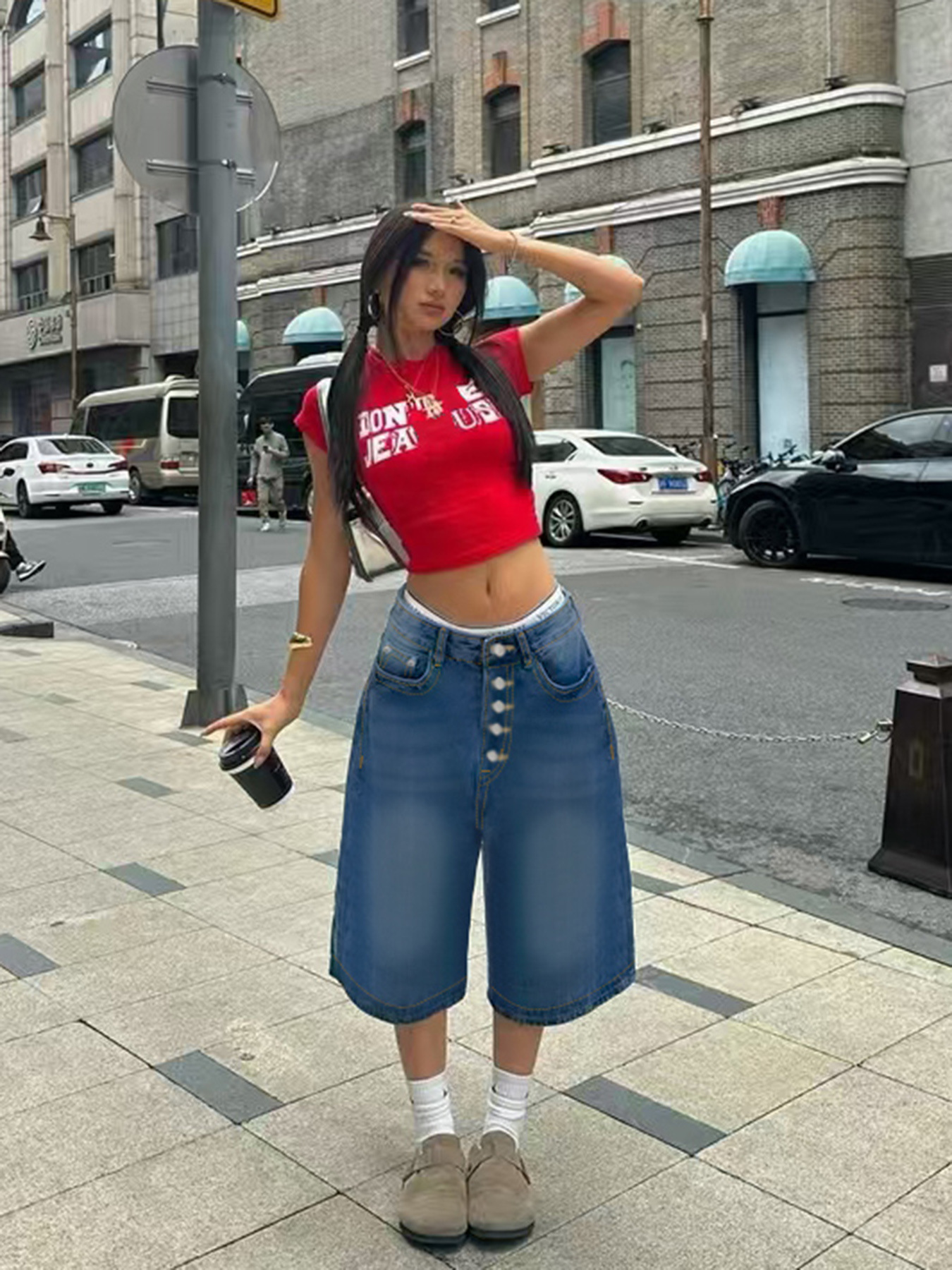 Design Retro Multi Breasted Denim Shorts