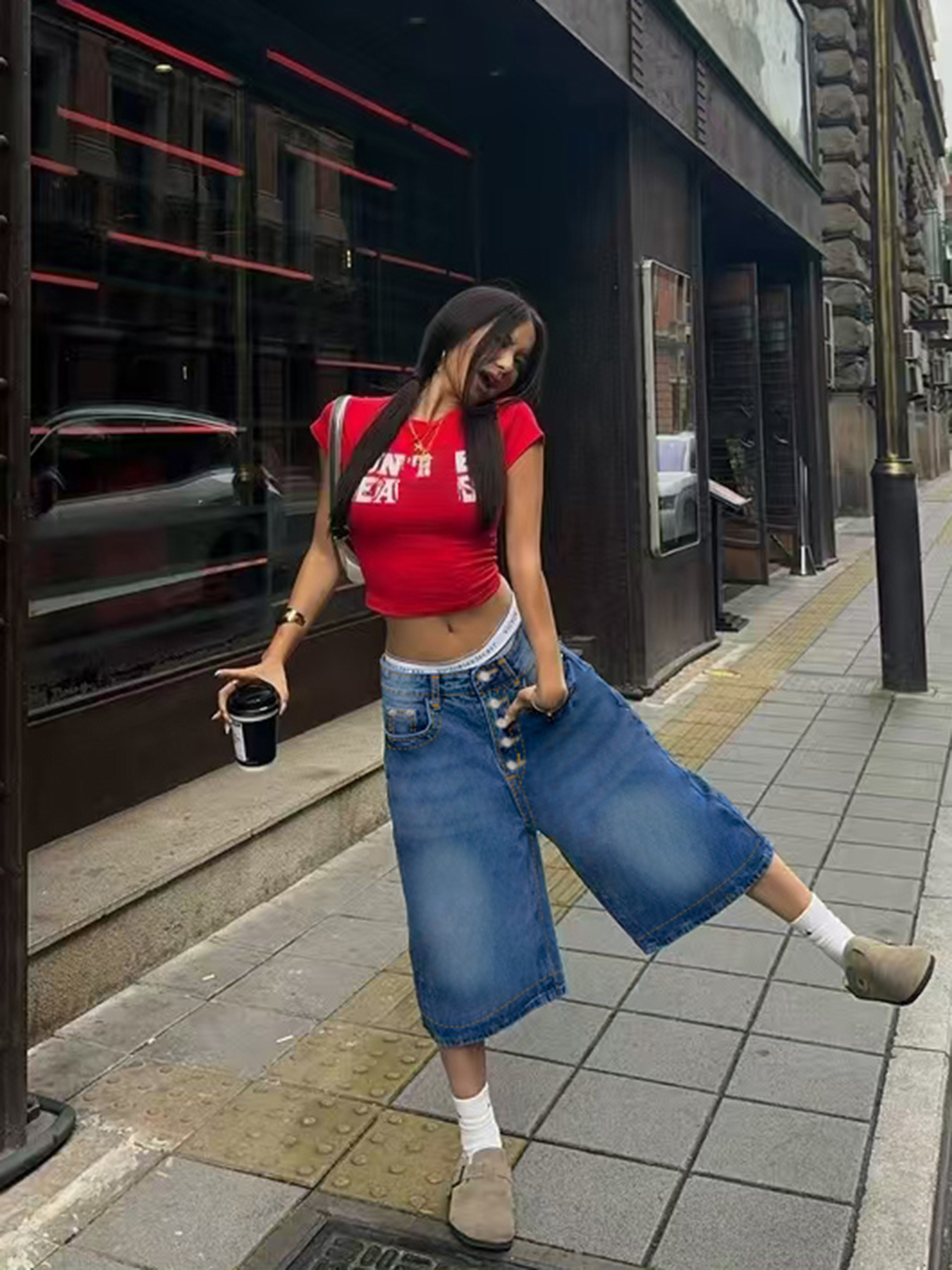 Design Retro Multi Breasted Denim Shorts