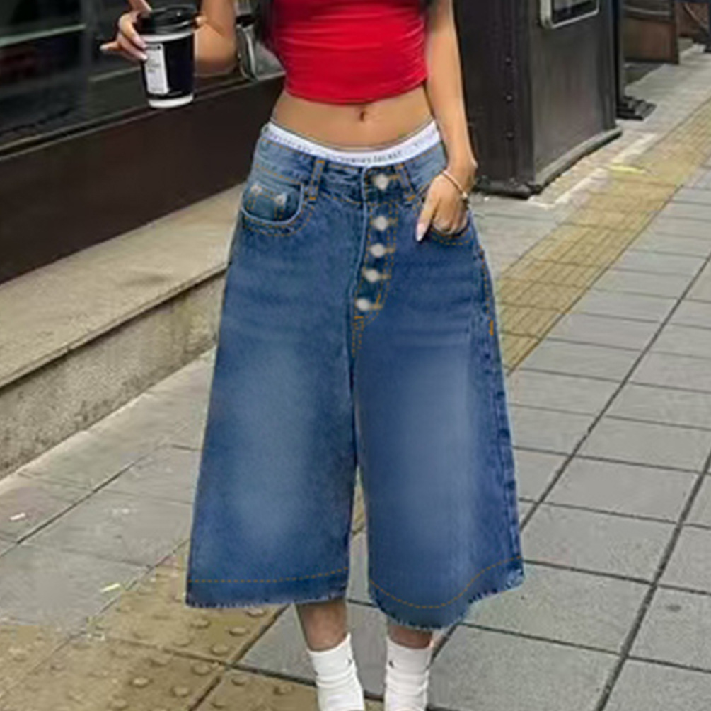 Design Retro Multi Breasted Denim Shorts