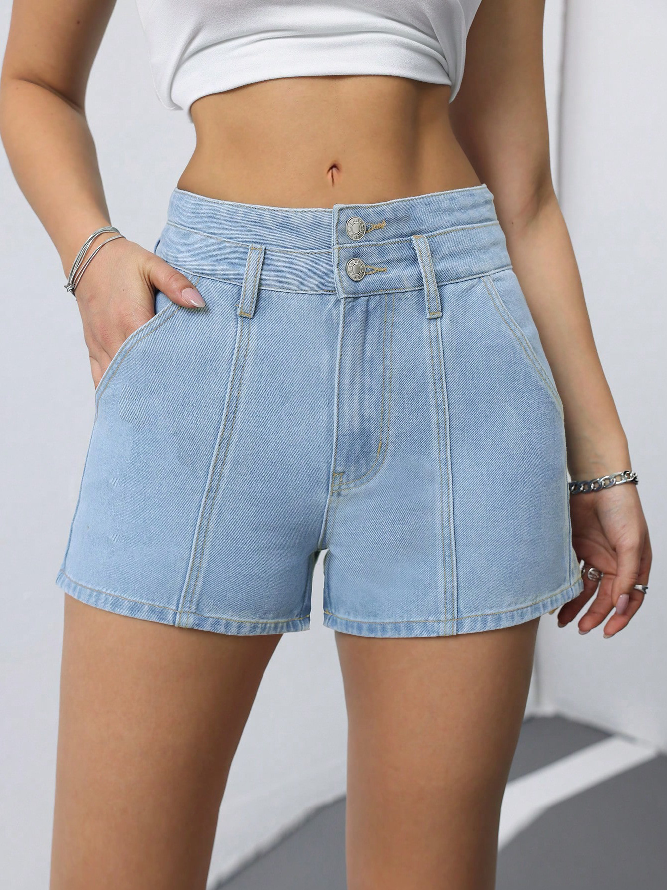 Double Waist Two Button Washed Light Blue Denim Shorts