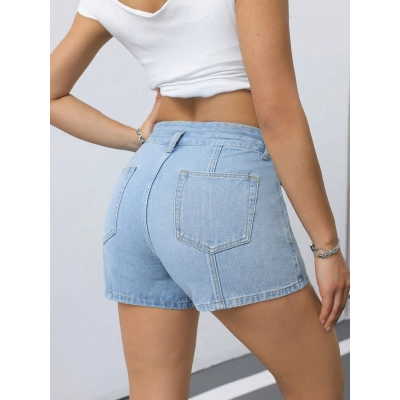 Double Waist Two Button Washed Light Blue Denim Shorts 02