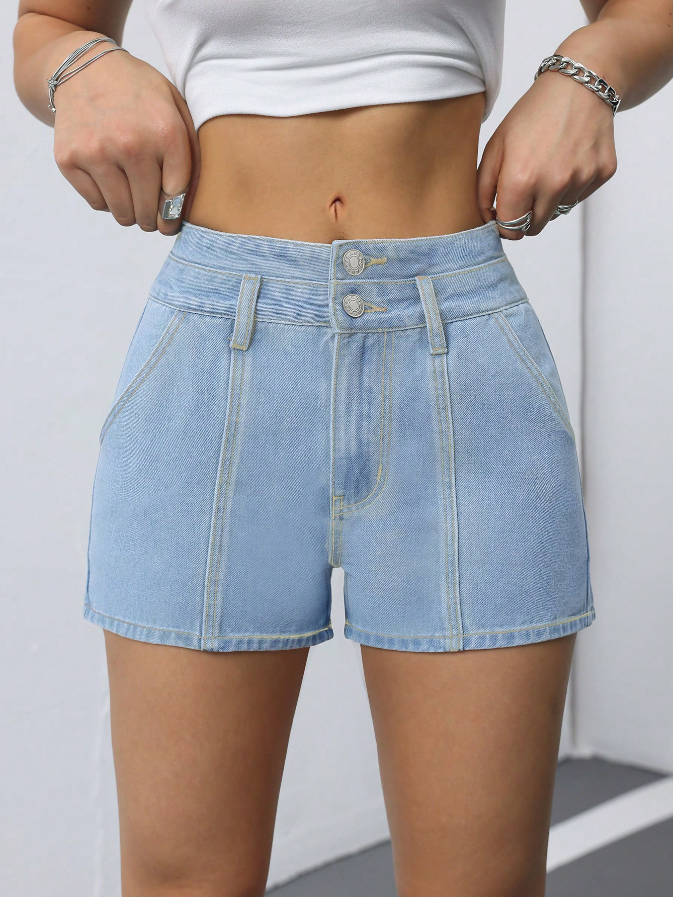 Double Waist Two Button Washed Light Blue Denim Shorts