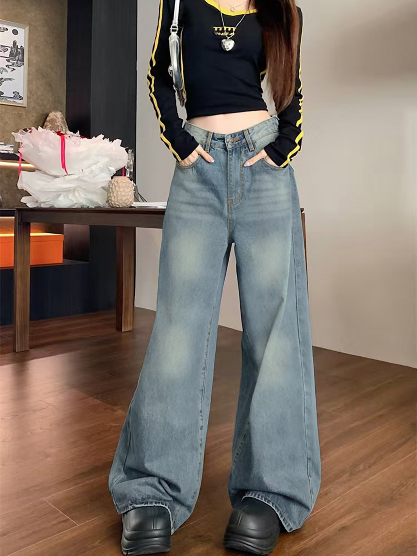 Washed Casual Versatile Loose Straight Leg Floor Length Pants