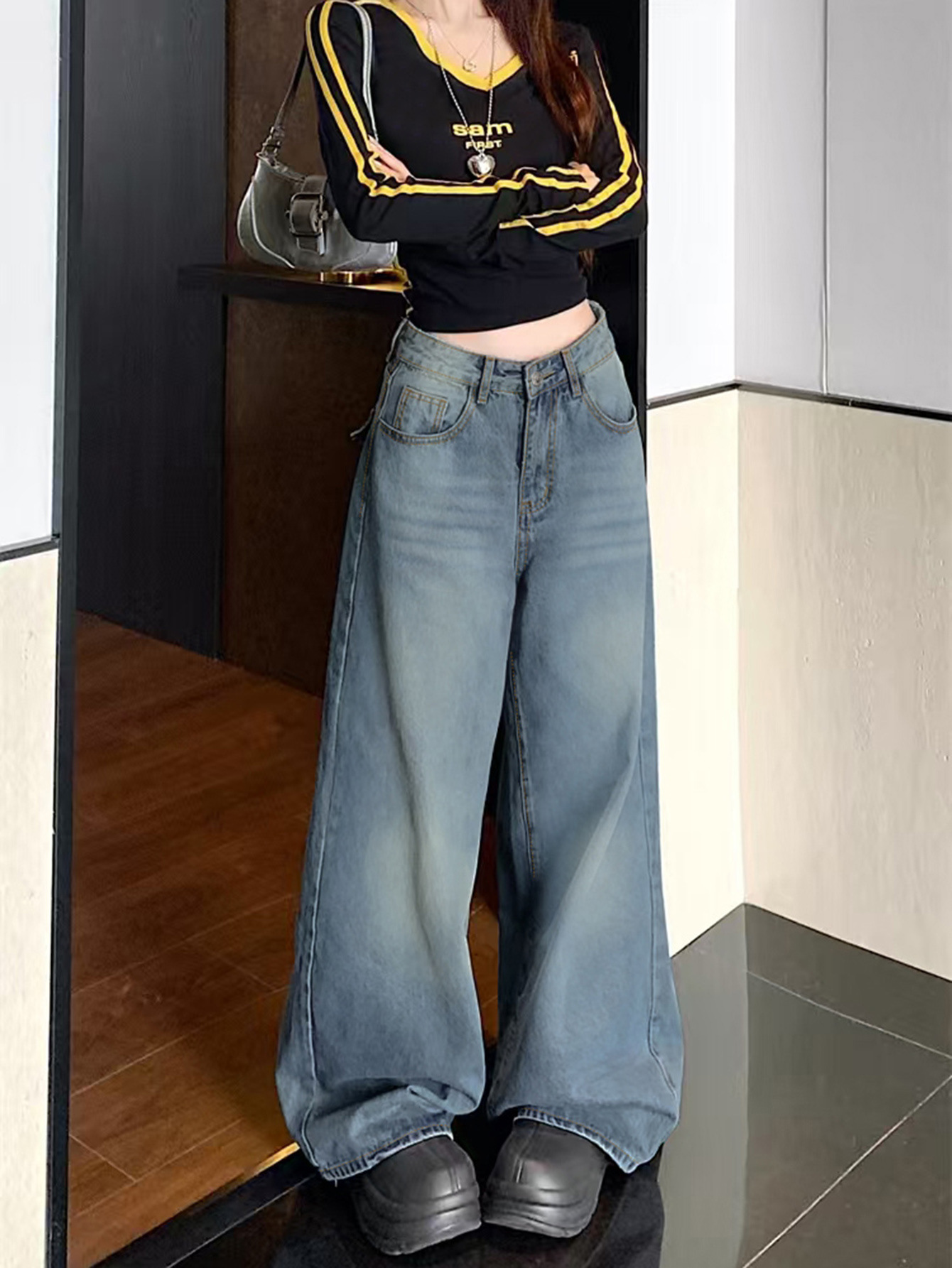 Washed Casual Versatile Loose Straight Leg Floor Length Pants