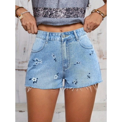 Embroidered Flower Blue Denim Shorts 01
