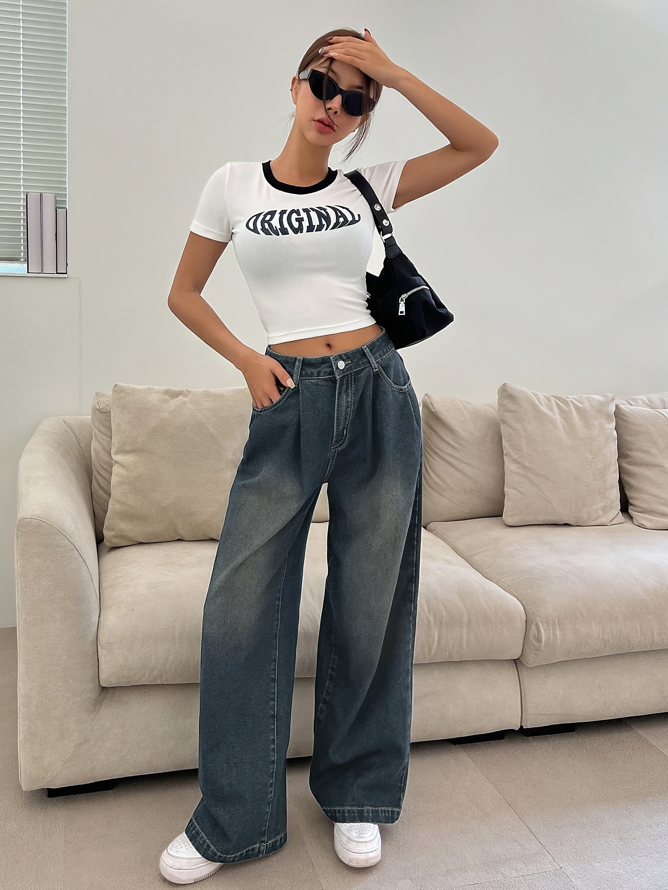 Wash Pleated Loose Straight Leg Jeans